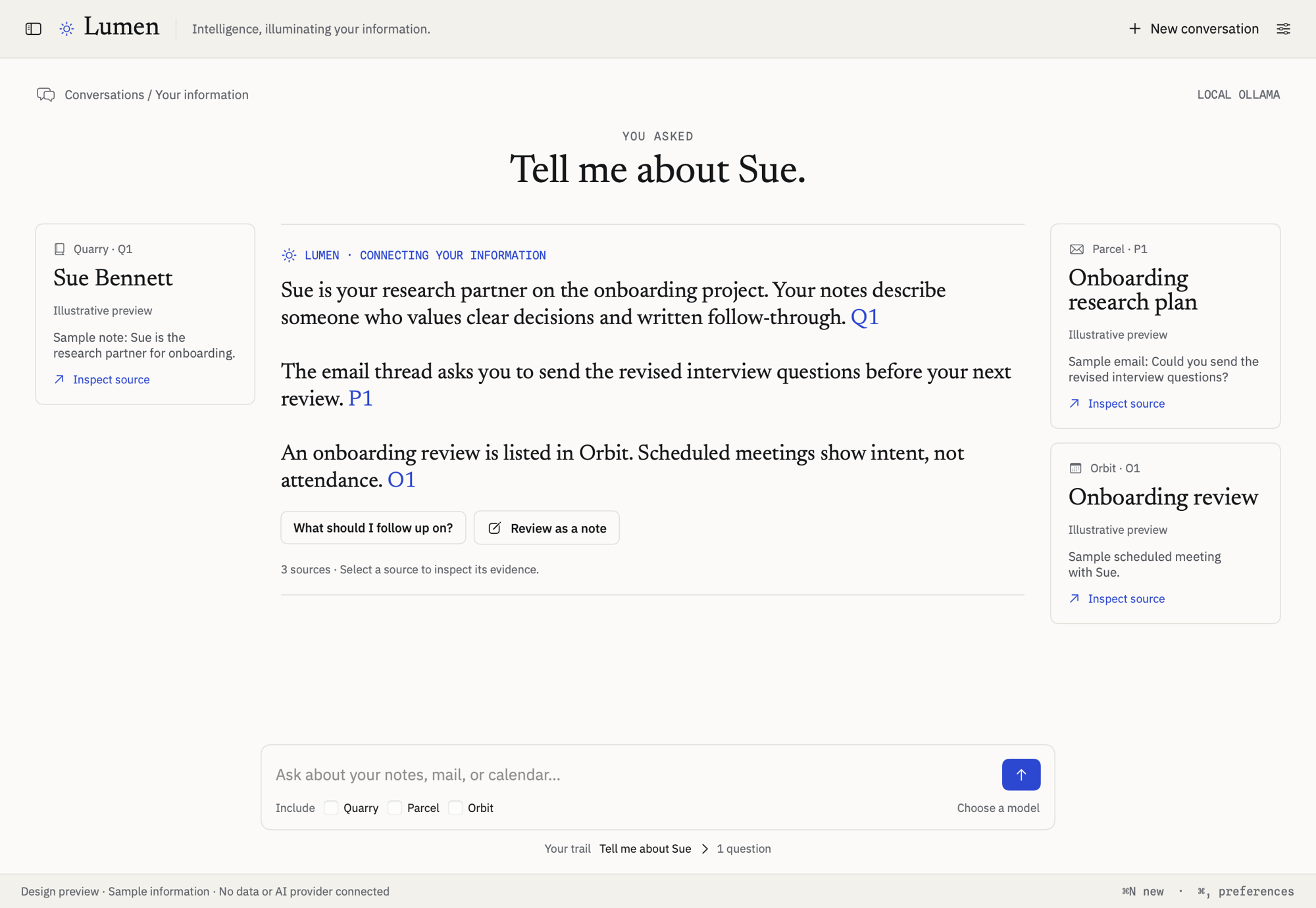 Lumen Aperture view with an answer about Sue and supporting notes, mail, and meeting sources