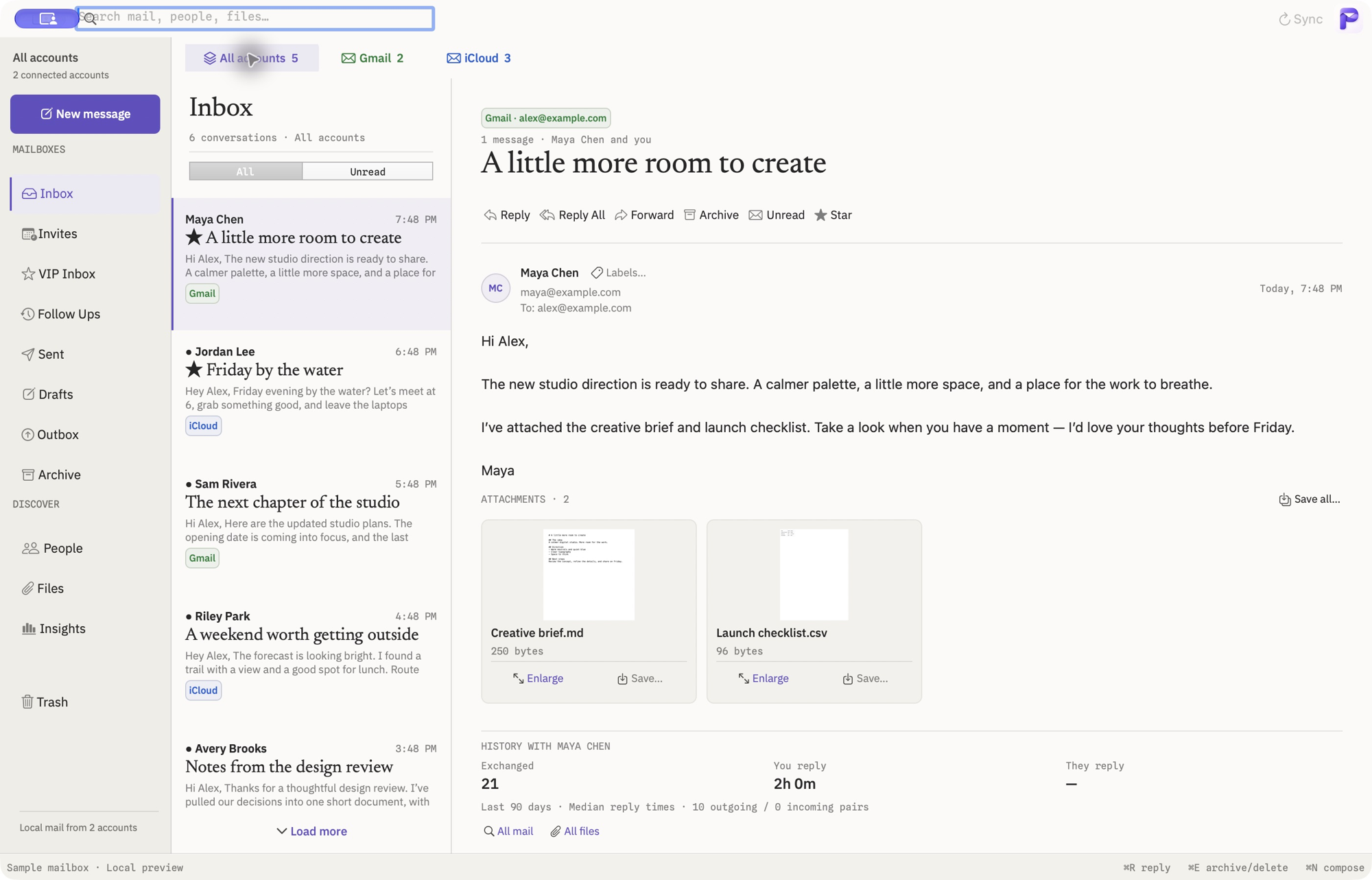 Parcel Combined inbox and selected fictional message