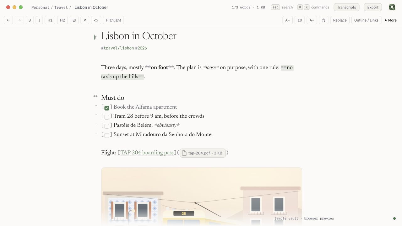 Quarry Quarry editor with formatting, text size, pin, Replace, and Outline / Links controls